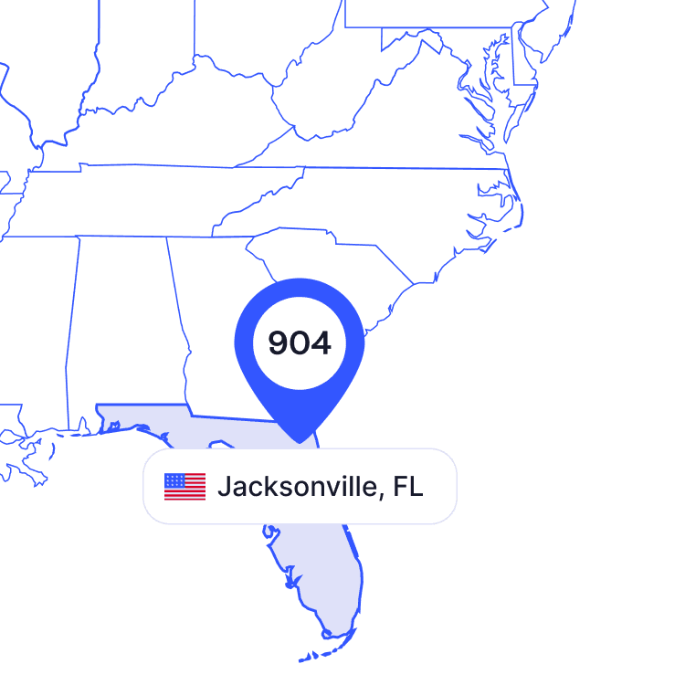 US map of 904 area code phone numbers and its coverage region