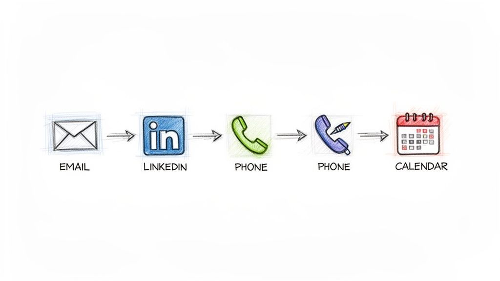 A visual workflow demonstrating a multi-channel follow-up sequence: email, LinkedIn, phone, and scheduling.