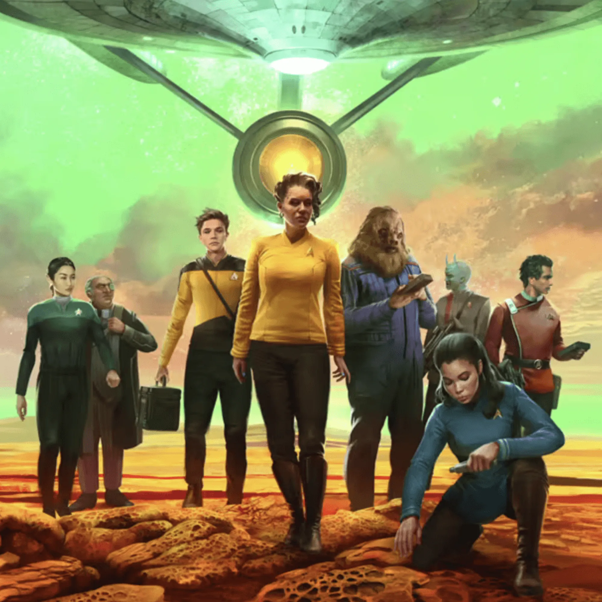 a group of people standing around a table with food