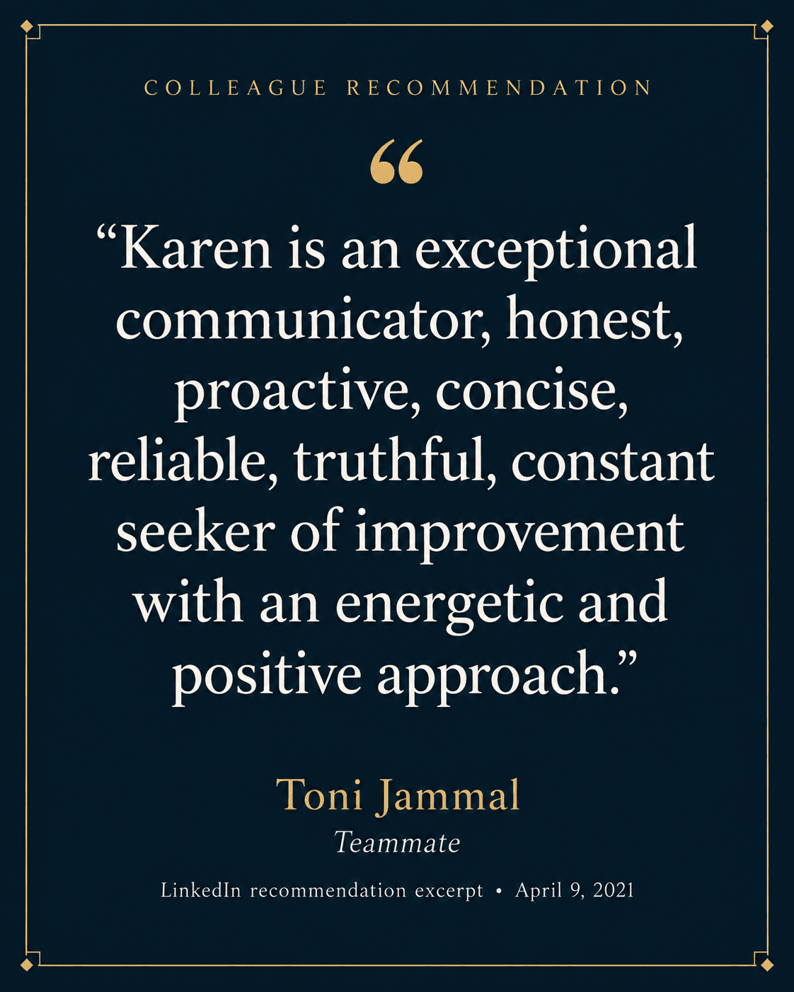 Professional recommendation for Karen Marie Bacolod