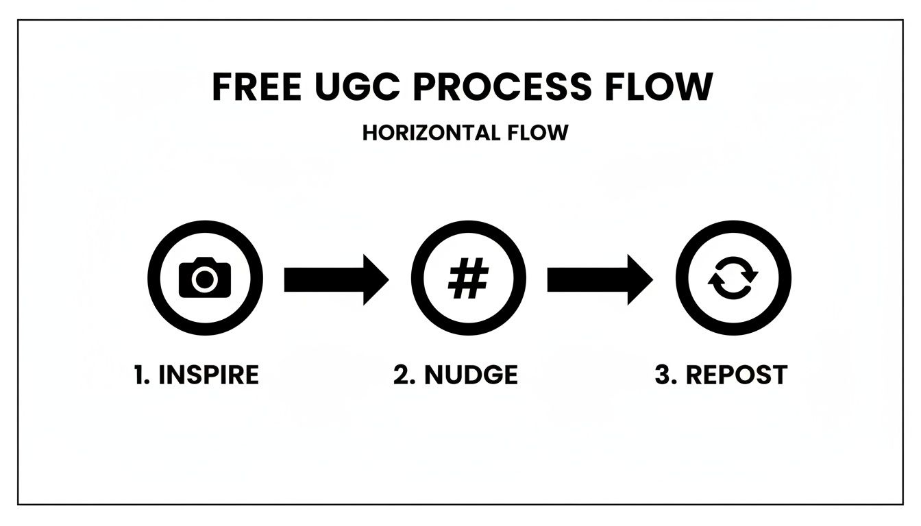 A free user-generated content (UGC) process flow, showing steps: inspire, nudge, and repost.