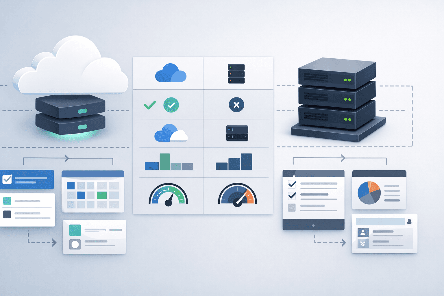 Illustration comparing cloud-based and legacy EMR systems. On the left, a cloud infrastructure with modern workflow cards and scheduling panels represents cloud EMRs. On the right, stacked on-premise servers connected to rigid record panels represent legacy EMRs. In the center, a comparison grid visually contrasts performance, flexibility, and infrastructure between the two systems.