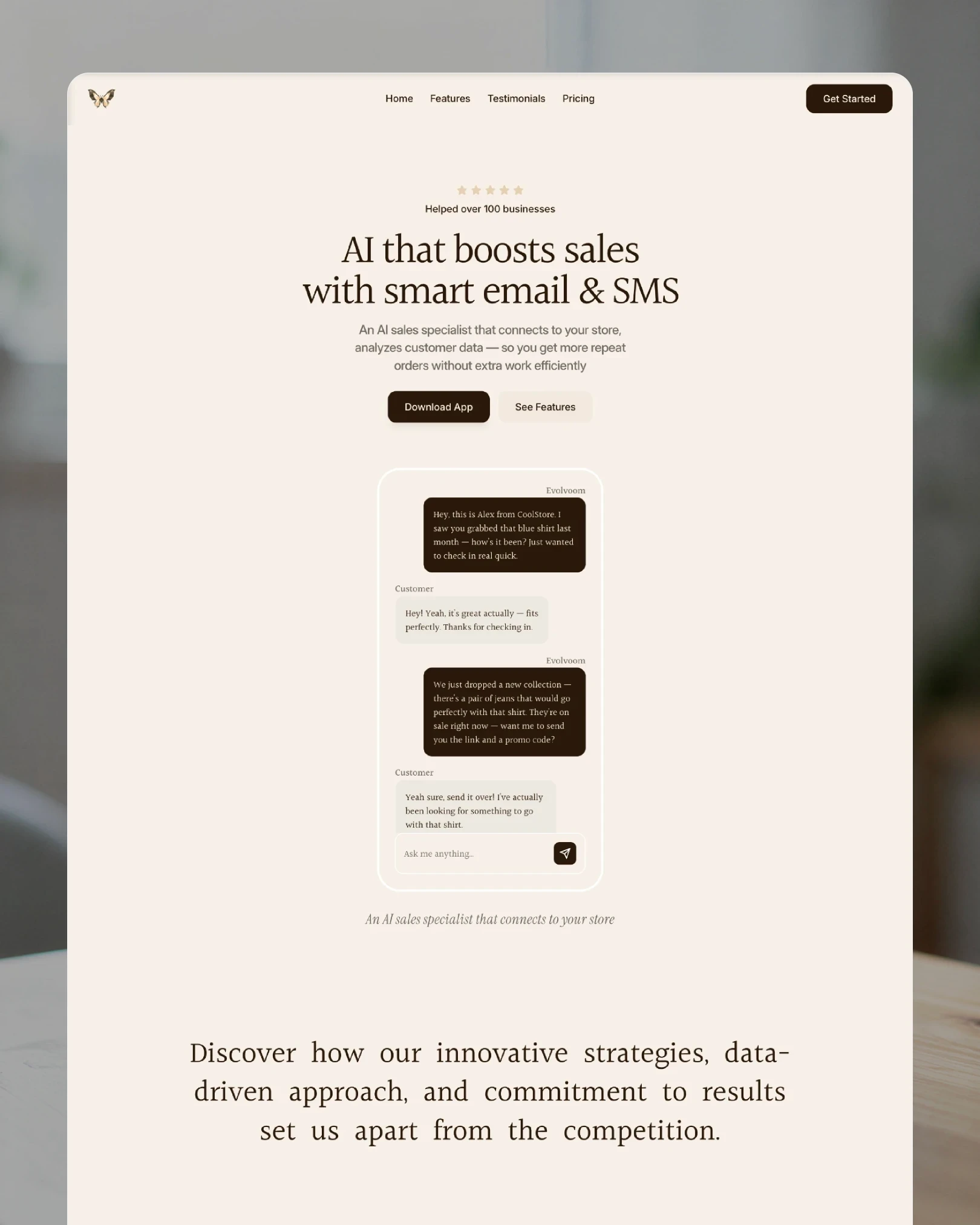 Evolvoom AI sales agent landing page, warm cream layout with live chat conversation example — web design by Luna UI design studio