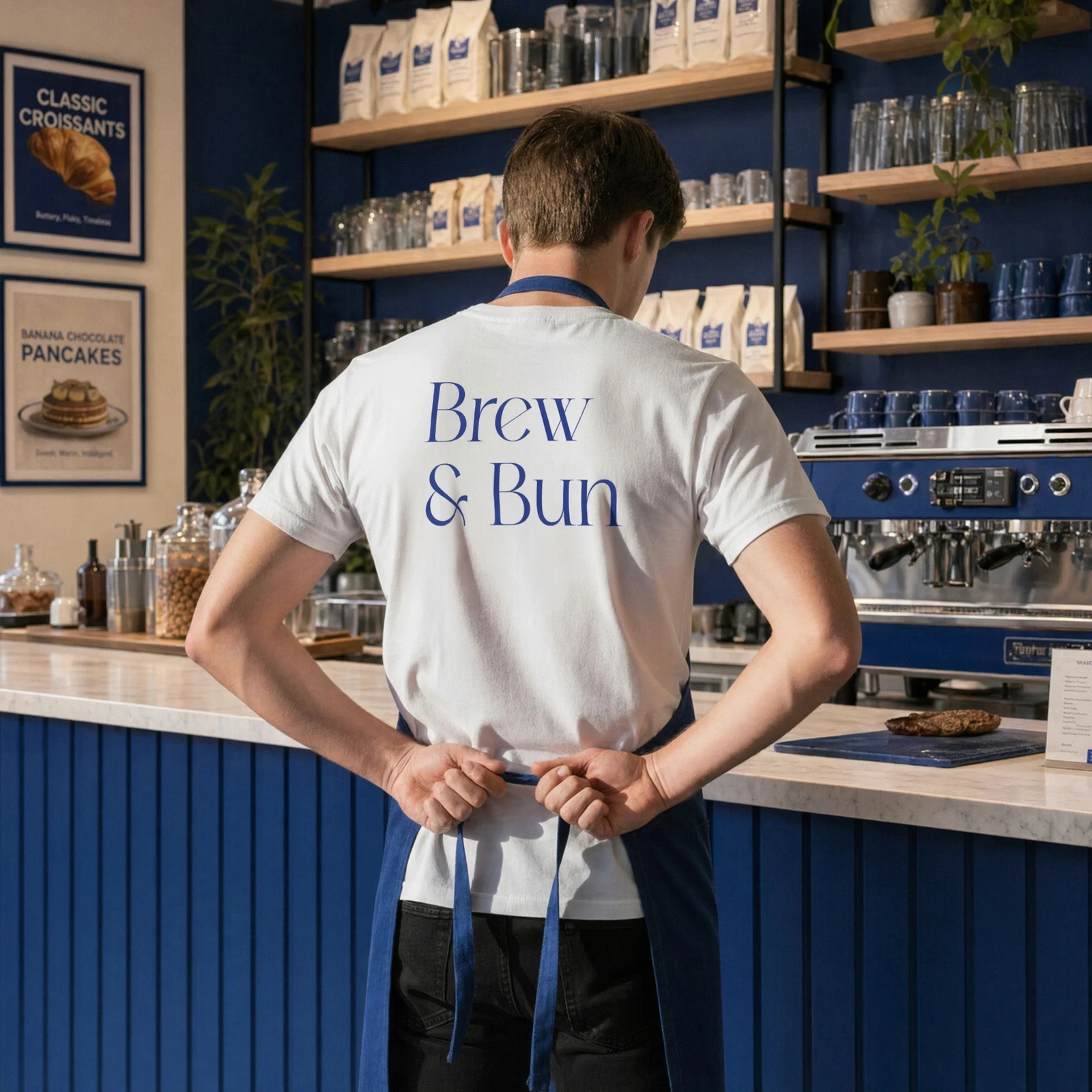 Man tying a blue apron and wearing a branded Bre & Bun t-shirt