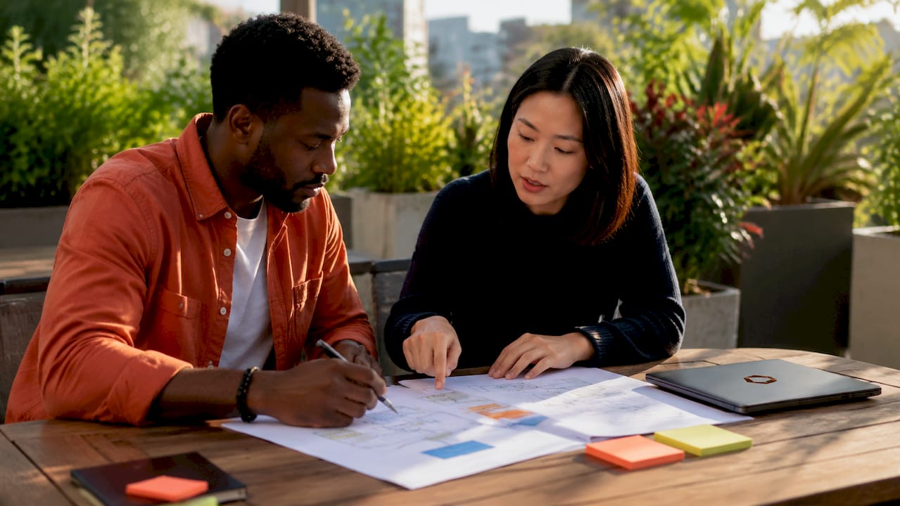 Developers discussing app complexity with printed charts