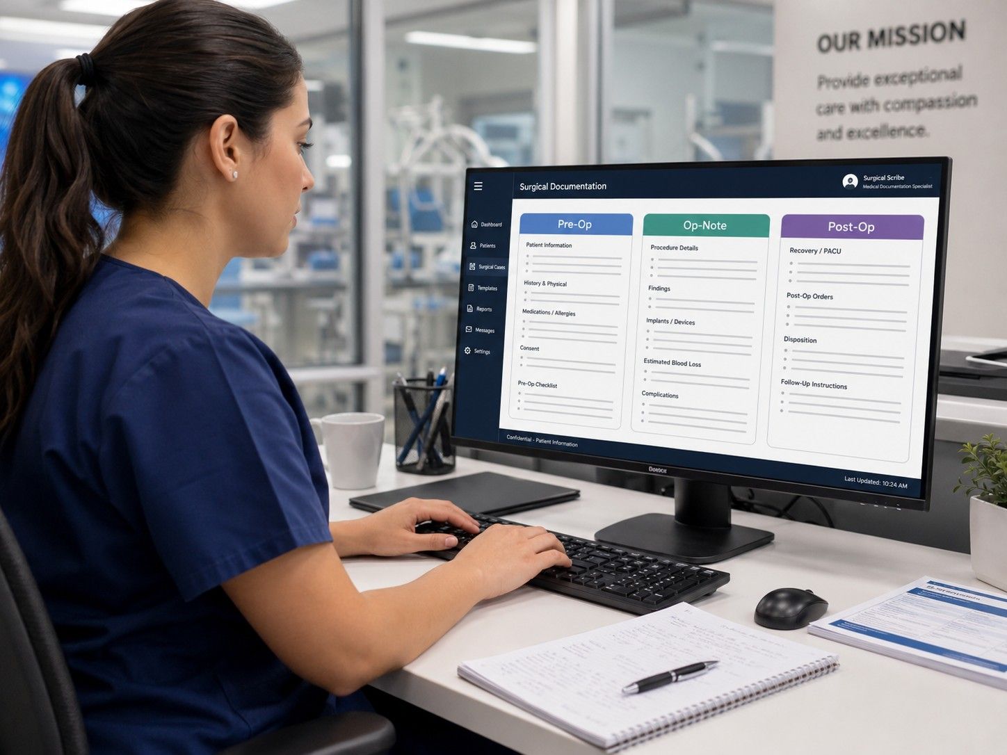 Human Scribe Working on Pre-Op, Op-Note, and Post-Op Documentation