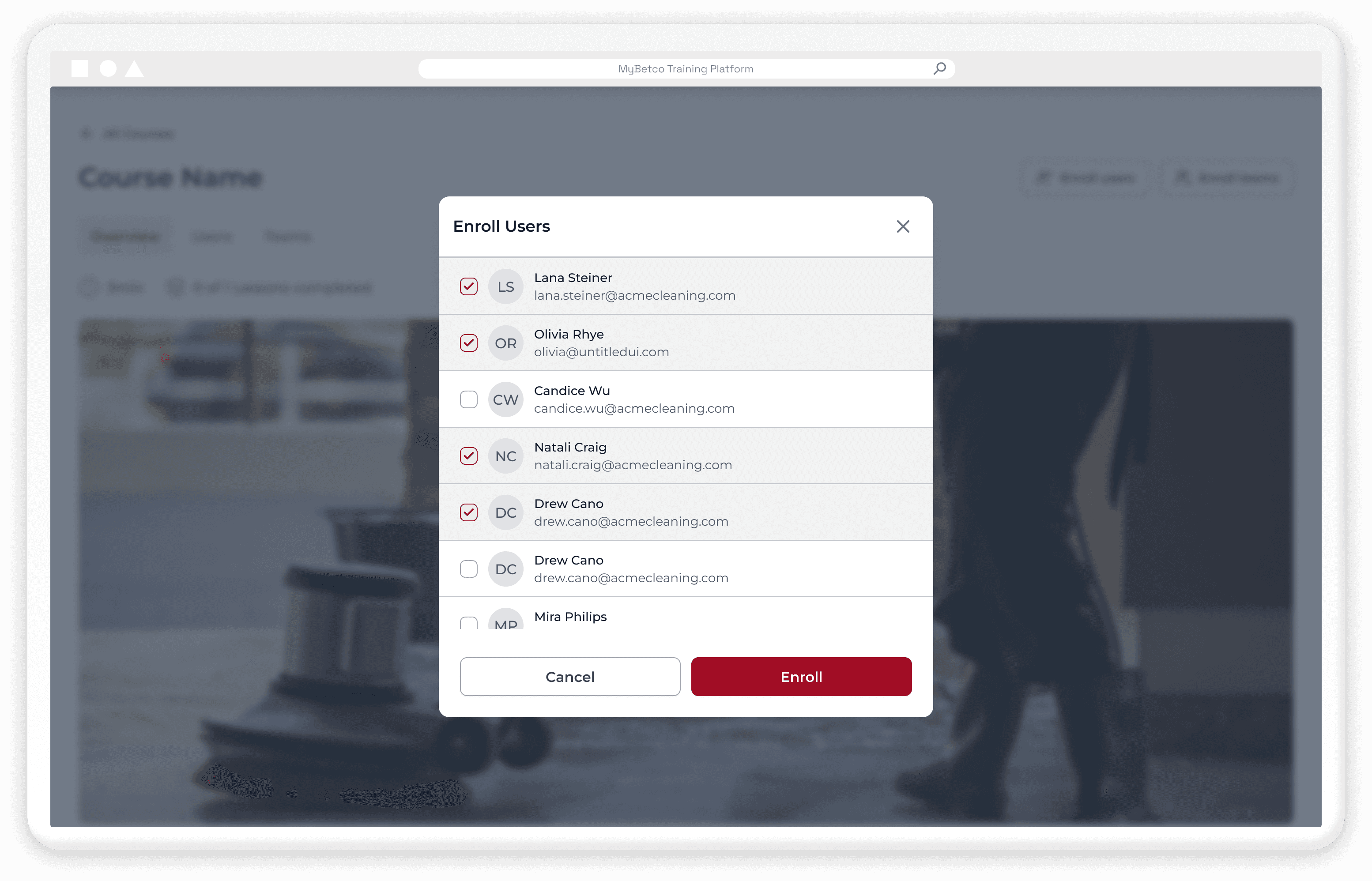 screenshot of team course enrollment