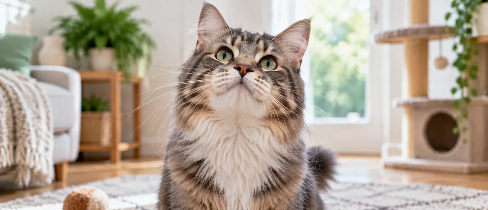 A tabby cat looking upward, showing its long facial whiskers.