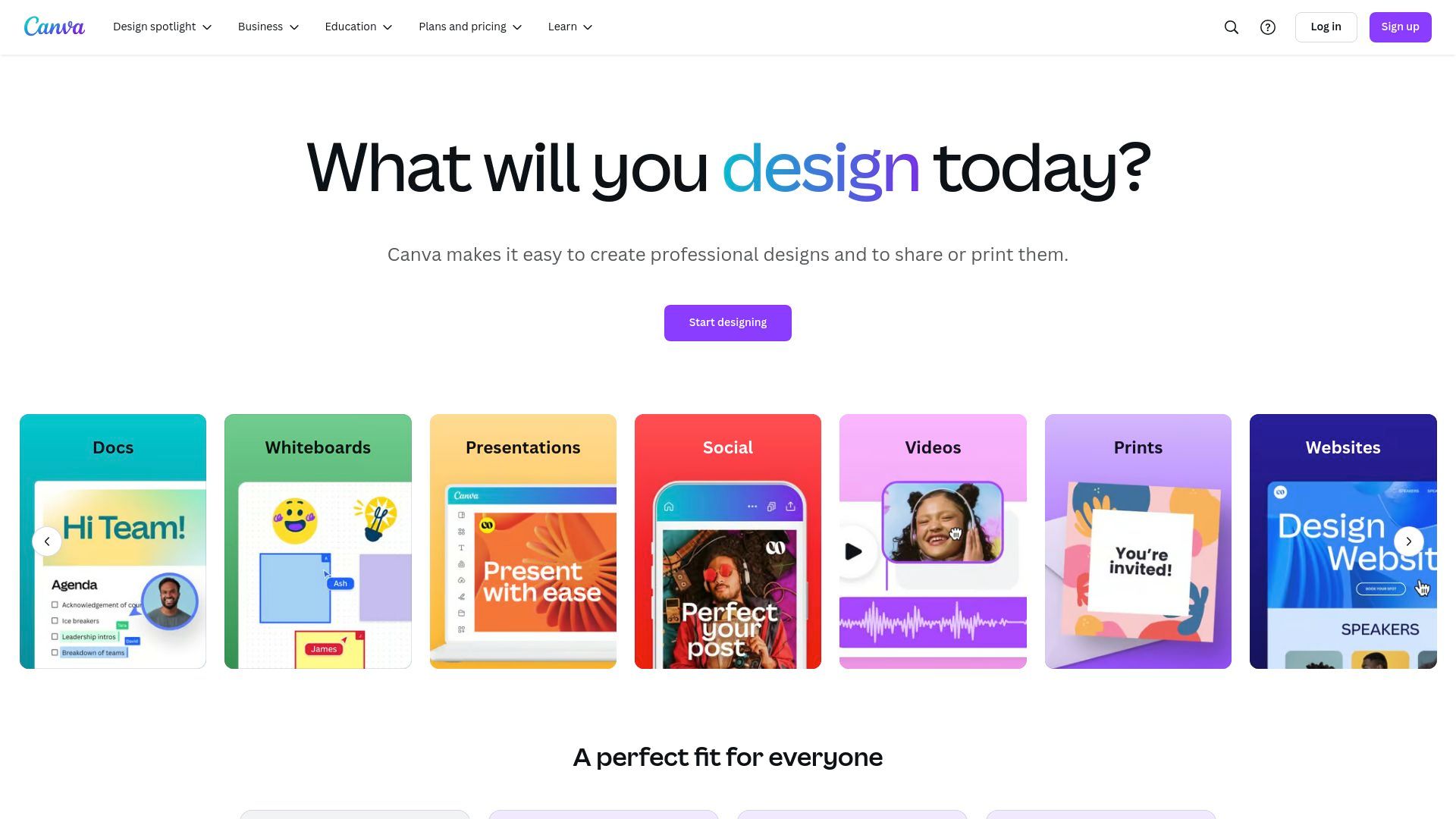 Screenshot of Canva's homepage featuring a clean white background with their signature purple accents. The top navigation includes a "Create a Design" button and workspace controls. The main area showcases a dynamic grid of customizable templates including social media posts, presentations, and marketing materials. AI-powered design suggestions and brand tools are prominently featured. The interface includes a search bar and easy access to recently used designs and folders. The modern layout emphasizes Canva's all-in-one design platform approach.