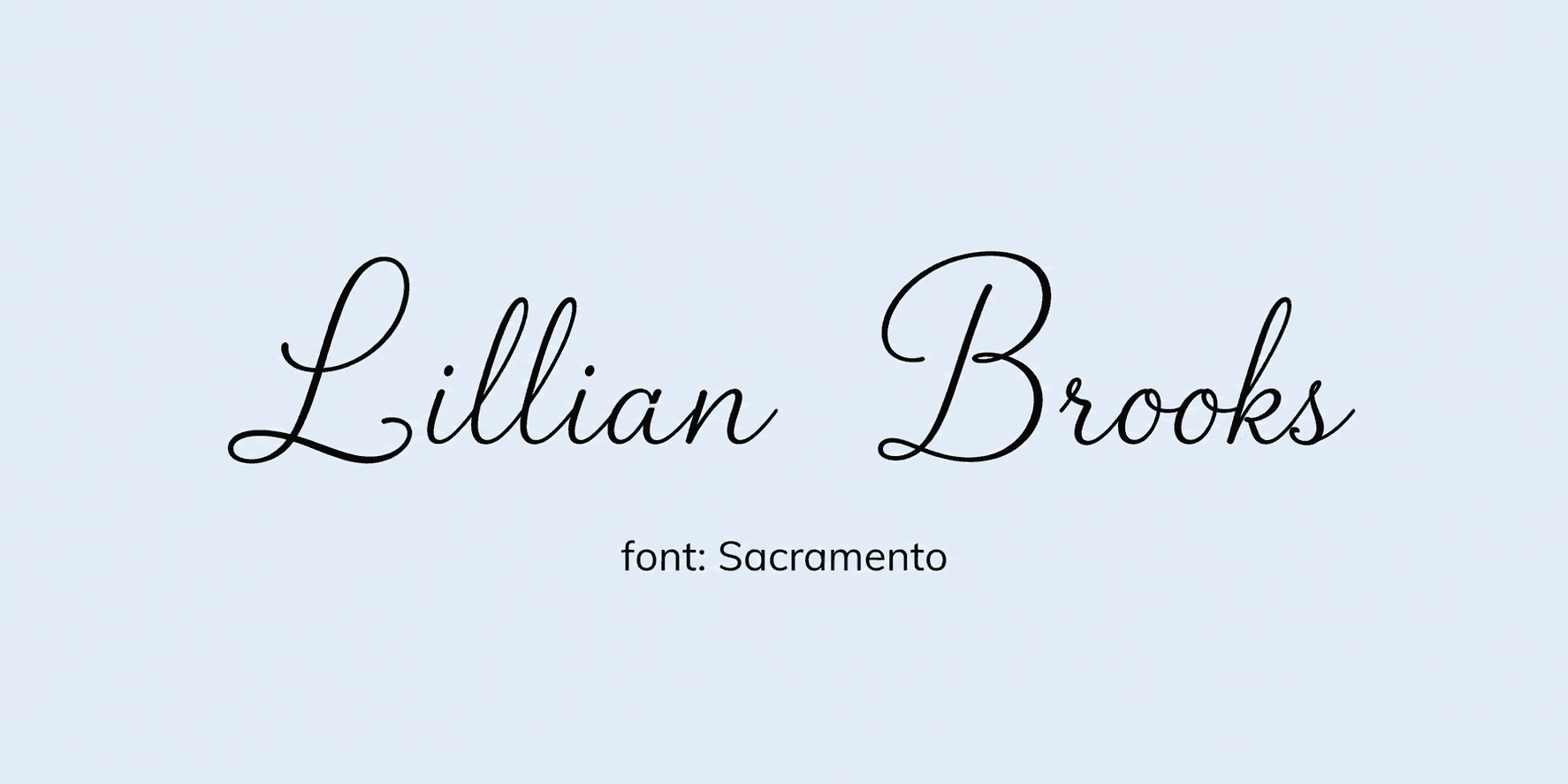 Sample name signed in a cursive signature font on a light background, with the font name labeled below.