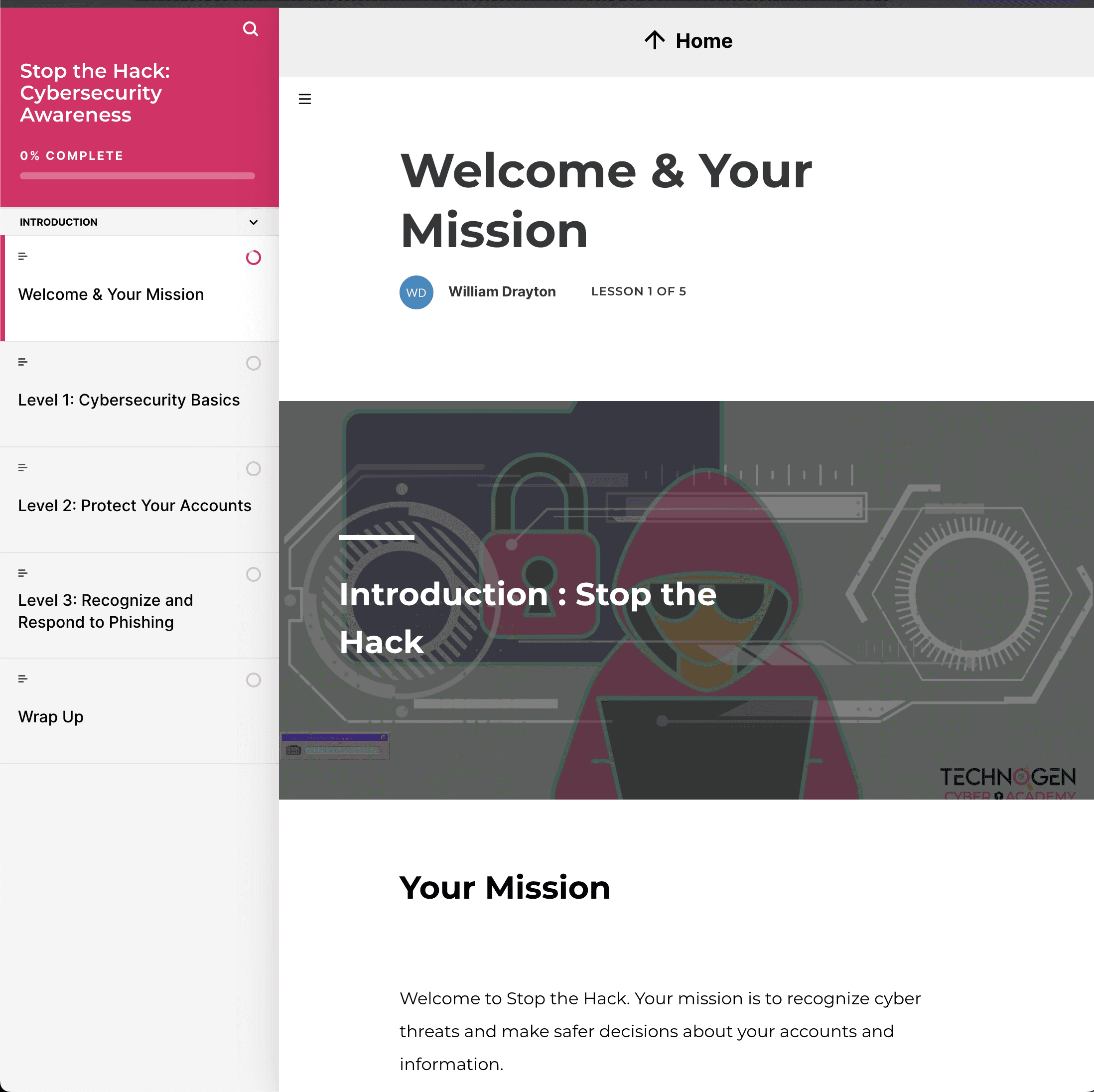 Welcome and Your Mission lesson with course progress and learning pathway