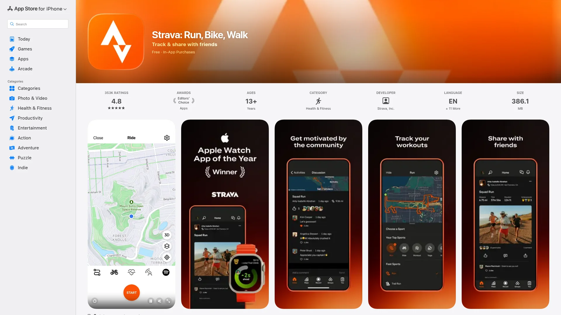 Strava fitness tracking app listing on the Apple App Store showing running and cycling features.