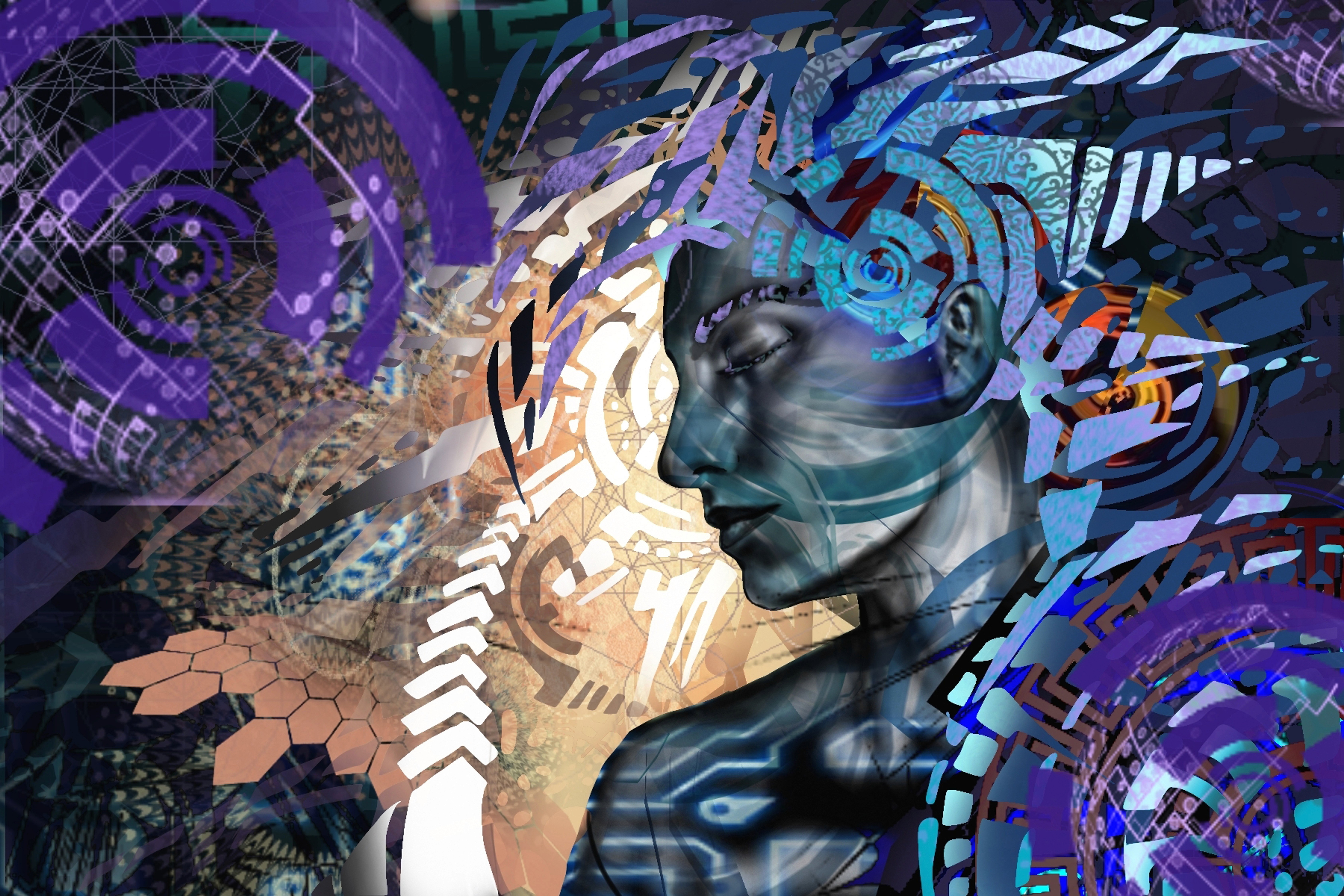 Visitors observing an abstract painting in a modern art gallery