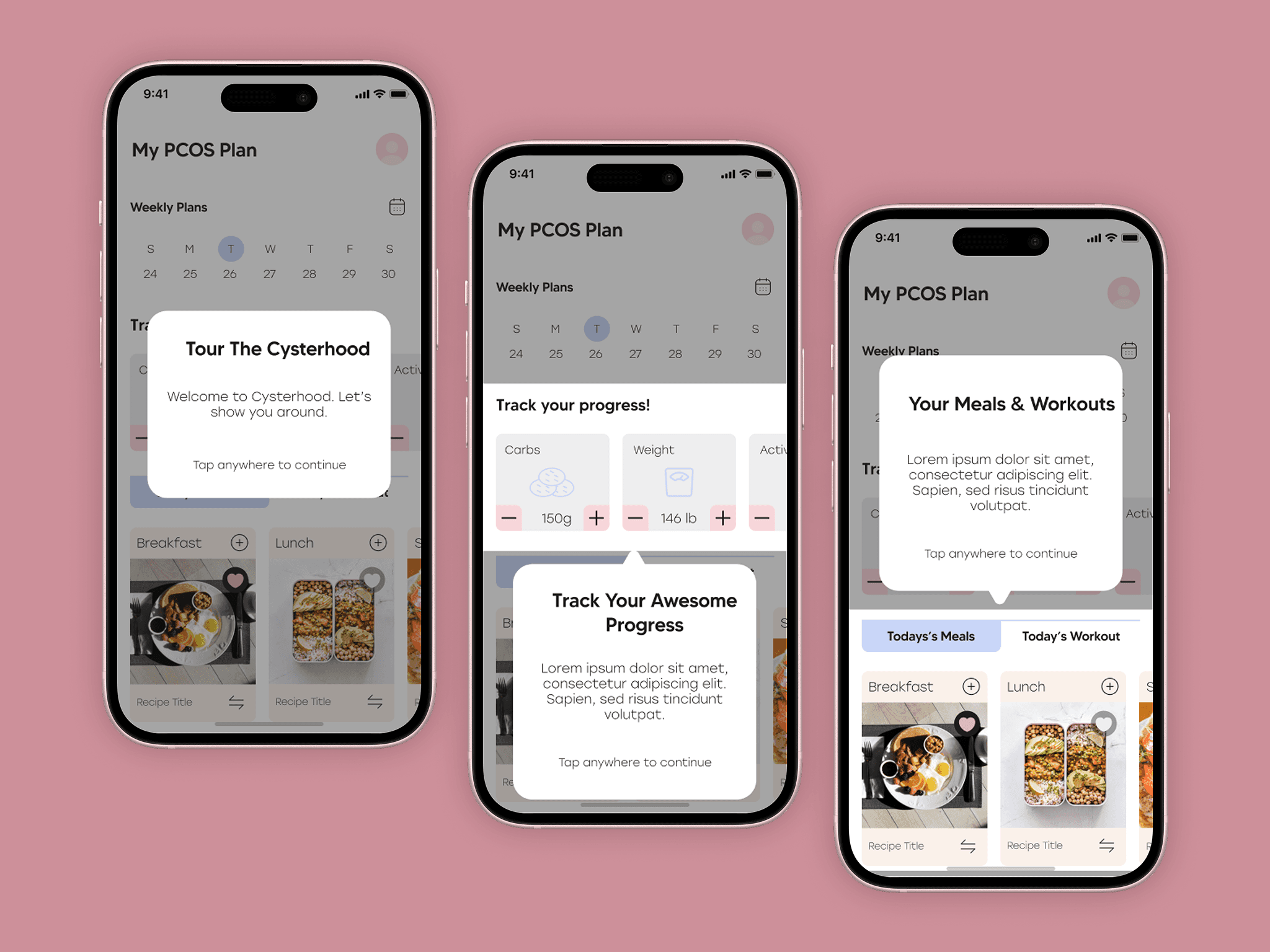 One concept at a time — progressive disclosure matched to the cognitive load of navigating a five-section health app for the first time.