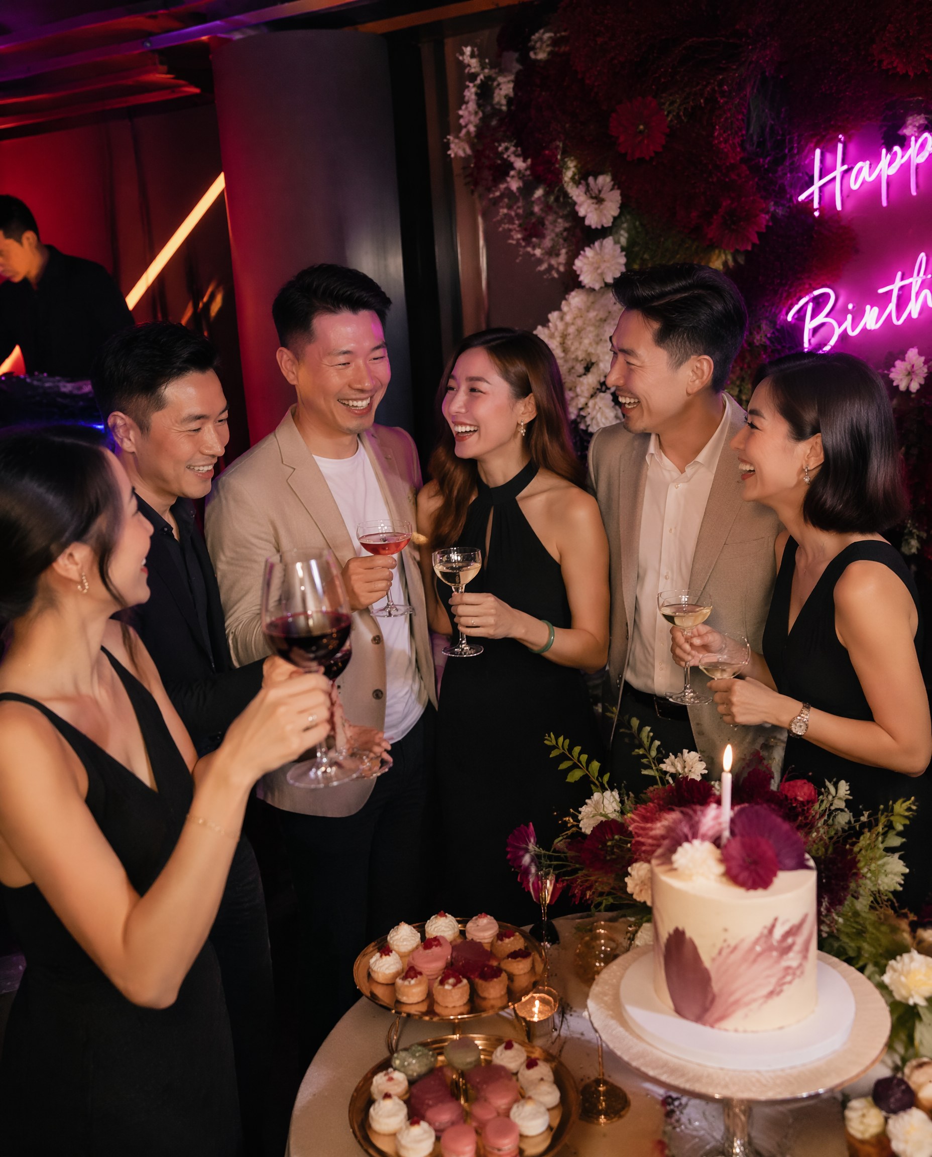 香港私人派對場地包場慶祝,好友聚會舉杯暢飲,現場精緻蛋糕佈置及霓虹燈裝飾。