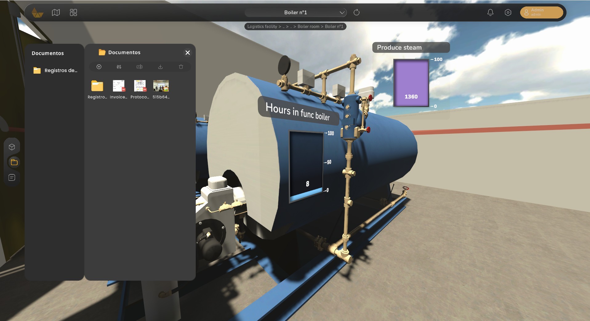 3D boiler management with monitoring KPIs and integrated document management to visualize documents and reports