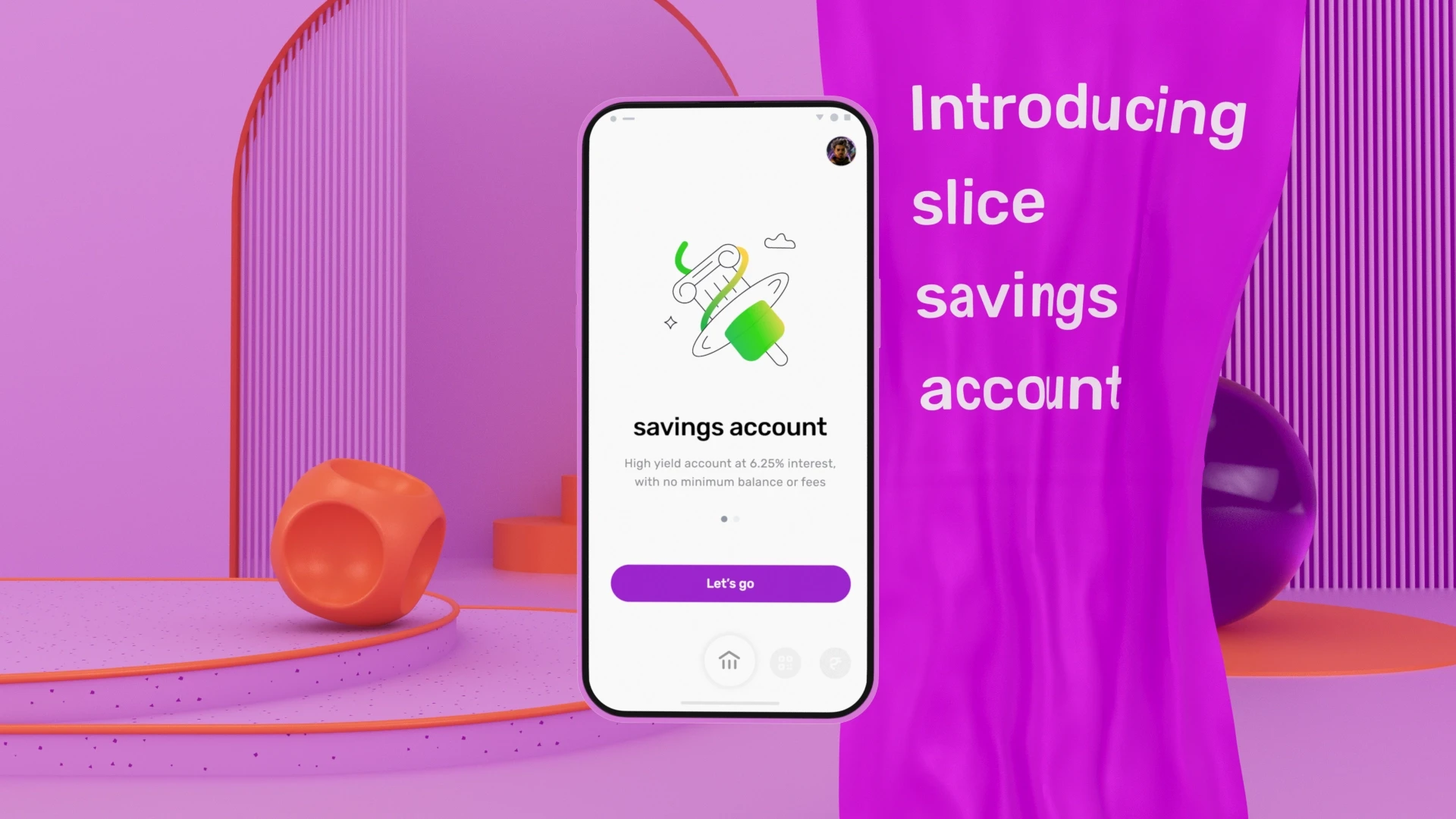3D rendered Slice app interface showcasing key fintech features