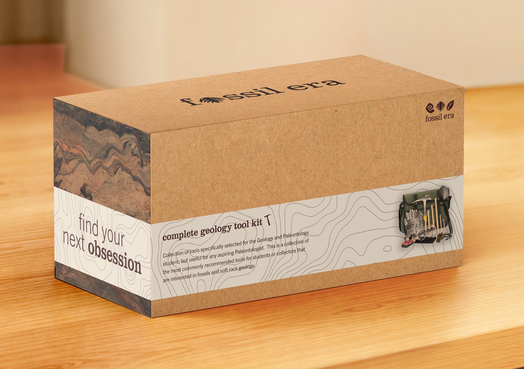 Rectangular box packaging for a geology tool set from Fossil Era.