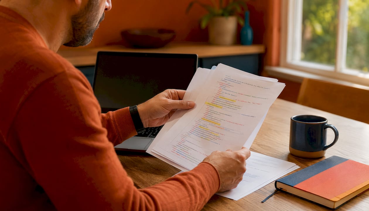 Hands reviewing annotated XML files in office