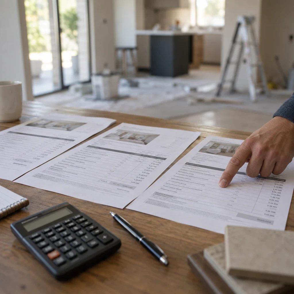 Plusieurs devis de travaux comparés sur une table avec une calculatrice