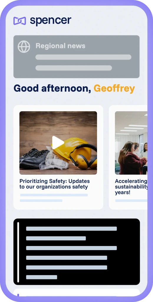 Spencer mobile interface with welcome message, regional news section, and content cards with video and articles