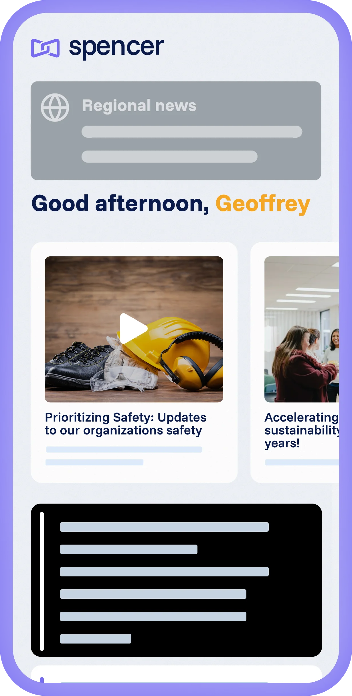 Spencer mobile interface with welcome message, regional news section, and content cards with video and articles