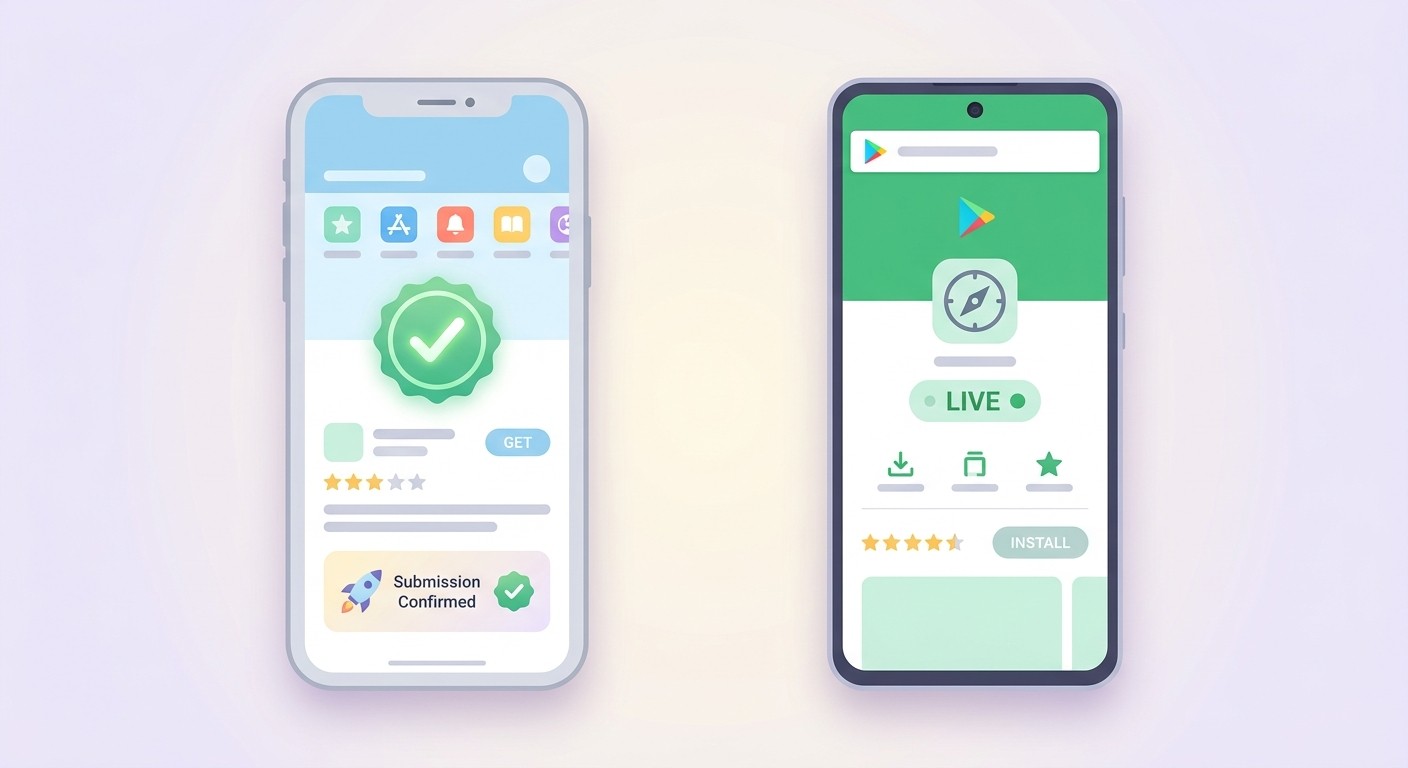 Two phones side by side showing an iOS App Store submission confirmed and a Google Play app live, the end result of an EAS production build.