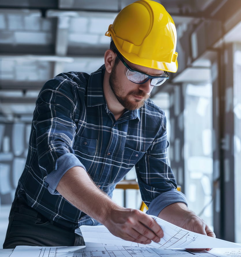 Architect reviewing blueprints on a construction site