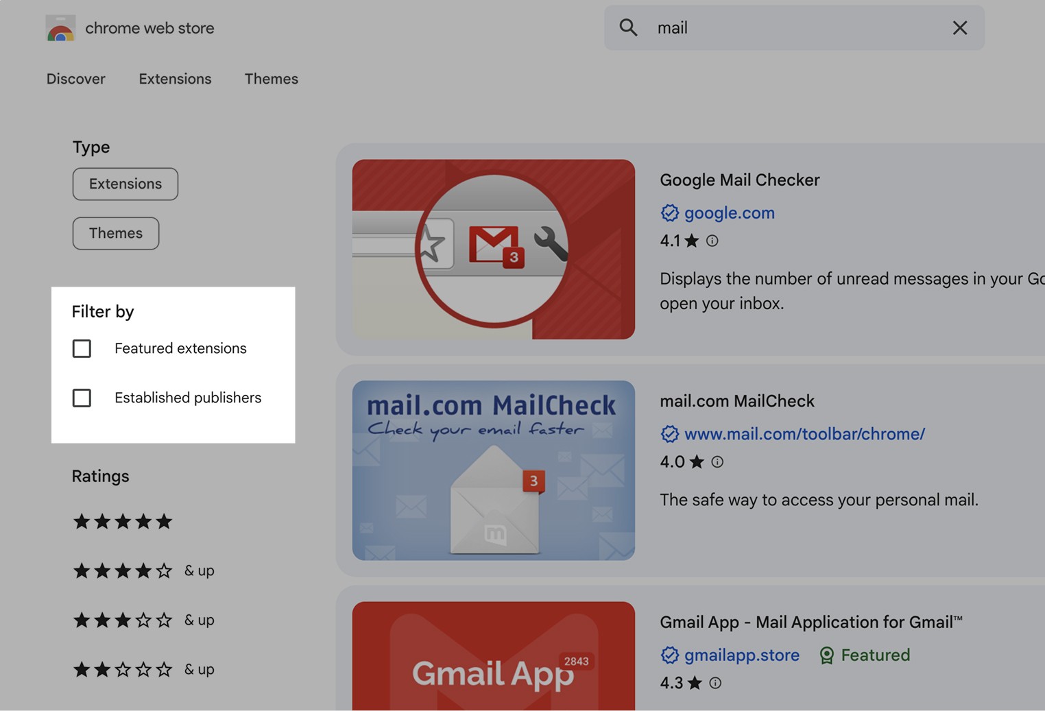 “Established Publisher" or “Featured” filter on Chrome Web Store