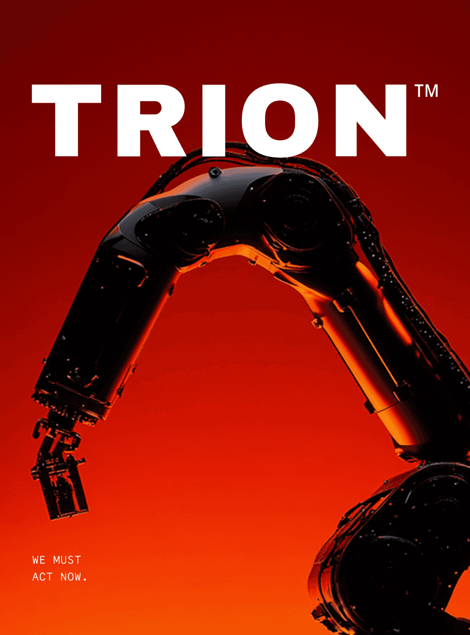 Trion wordmark over a robotic arm on a red background