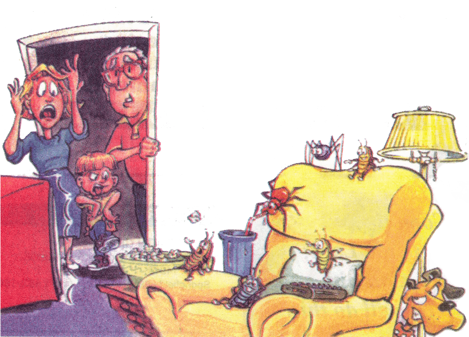 cartoon image of a family coming home to bugs