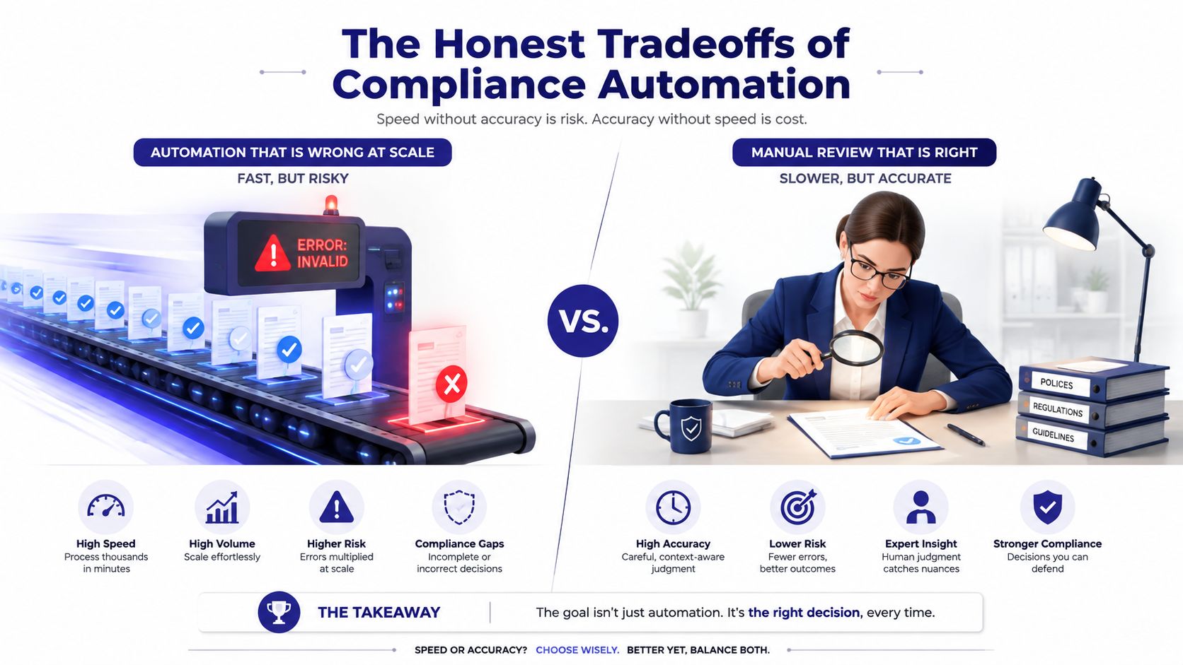 An infographic comparing the speed and risks of automated compliance versus the accuracy of manual human review.