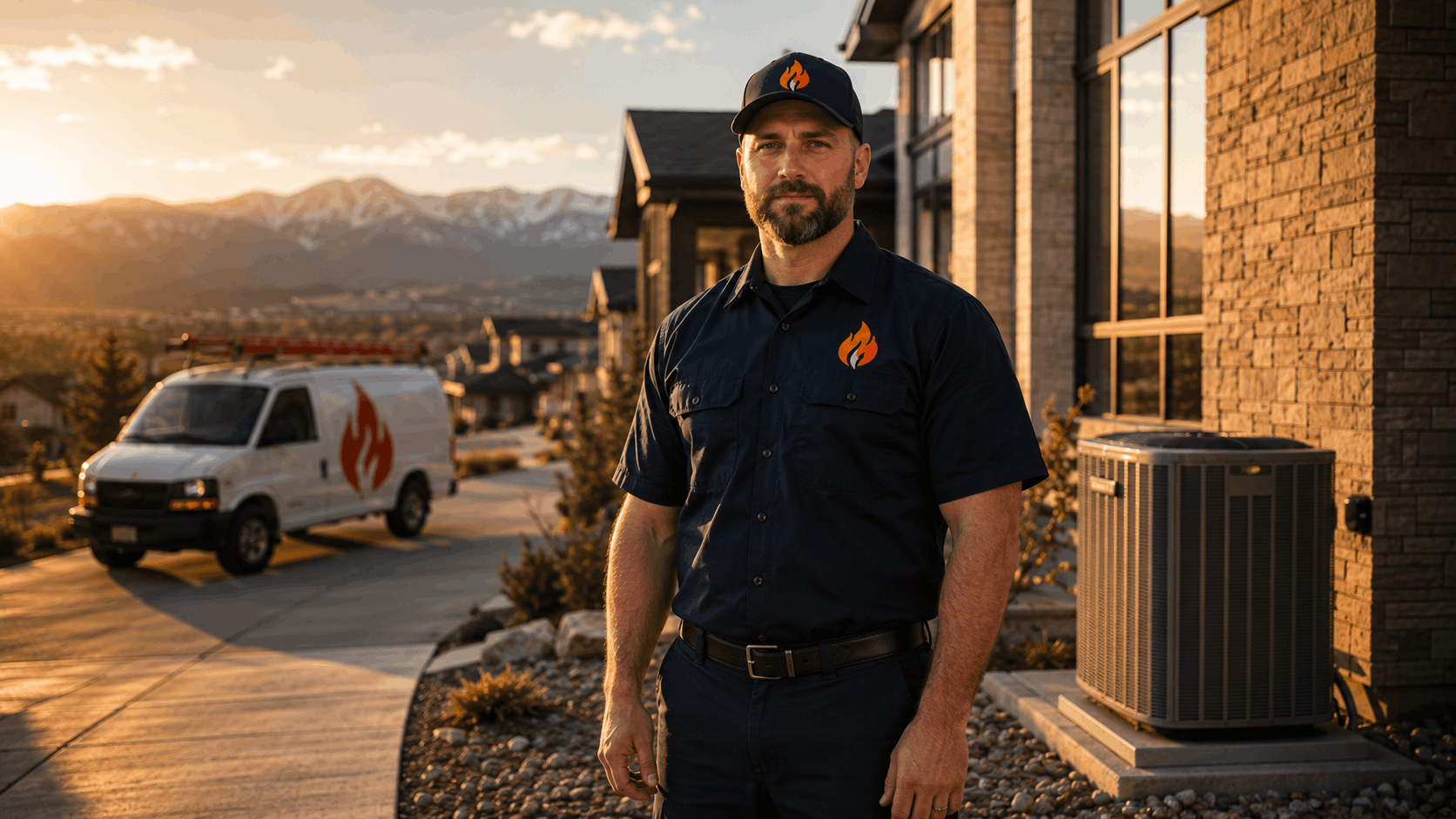 Professional HVAC technician outside a modern home with a newly installed high-efficiency HVAC system.