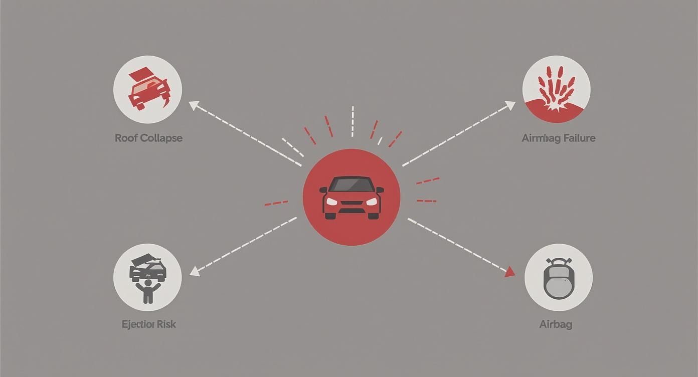 An infographic showing a car at the center with arrows pointing to safety risks: roof collapse, airbag failure, ejection risk, and airbag.