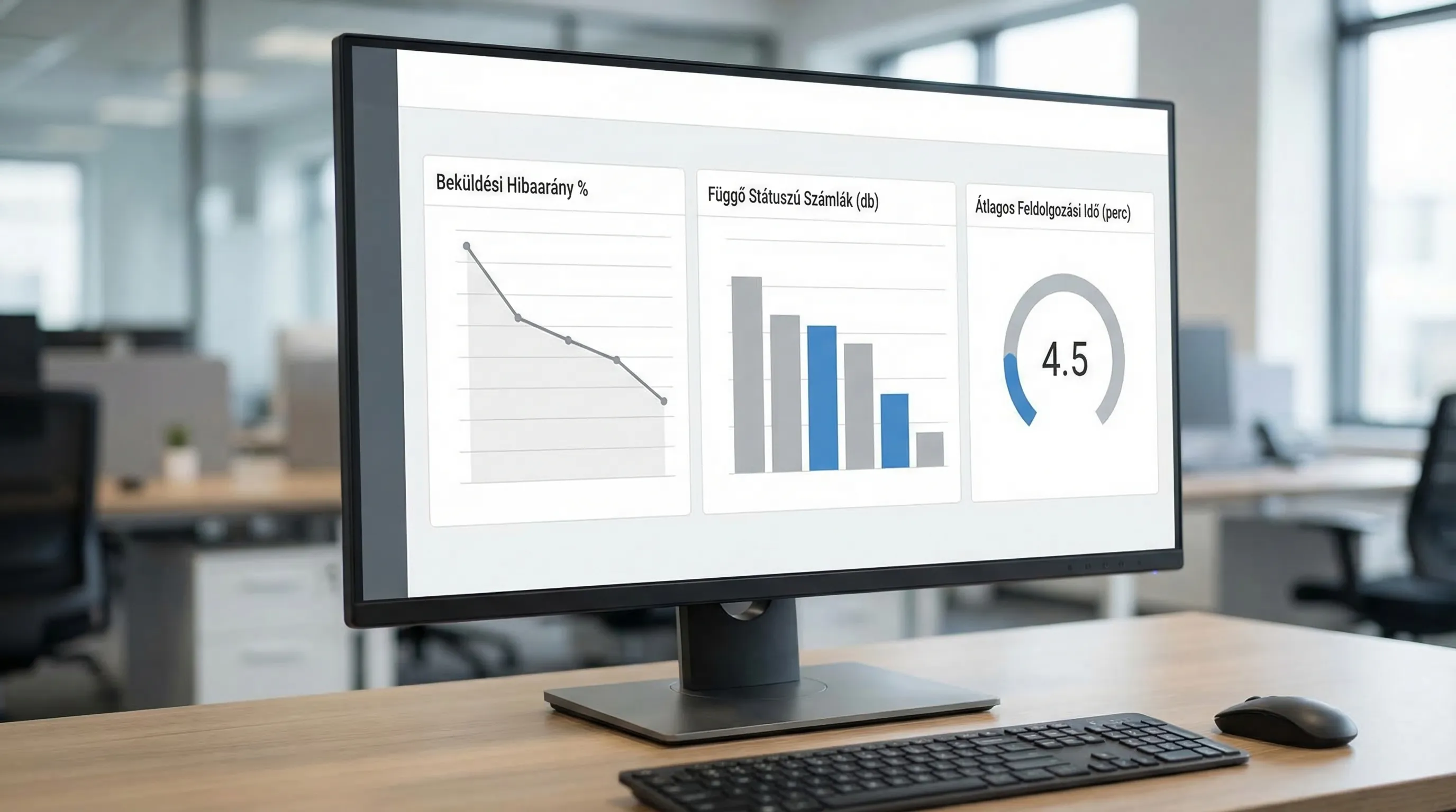 An illustration of a corporate monitoring screen: simple charts showing the submission error rate, the number of invoices with pending status, and the average processing time; a neutral UI; no specific brand names should be visible on the screen.