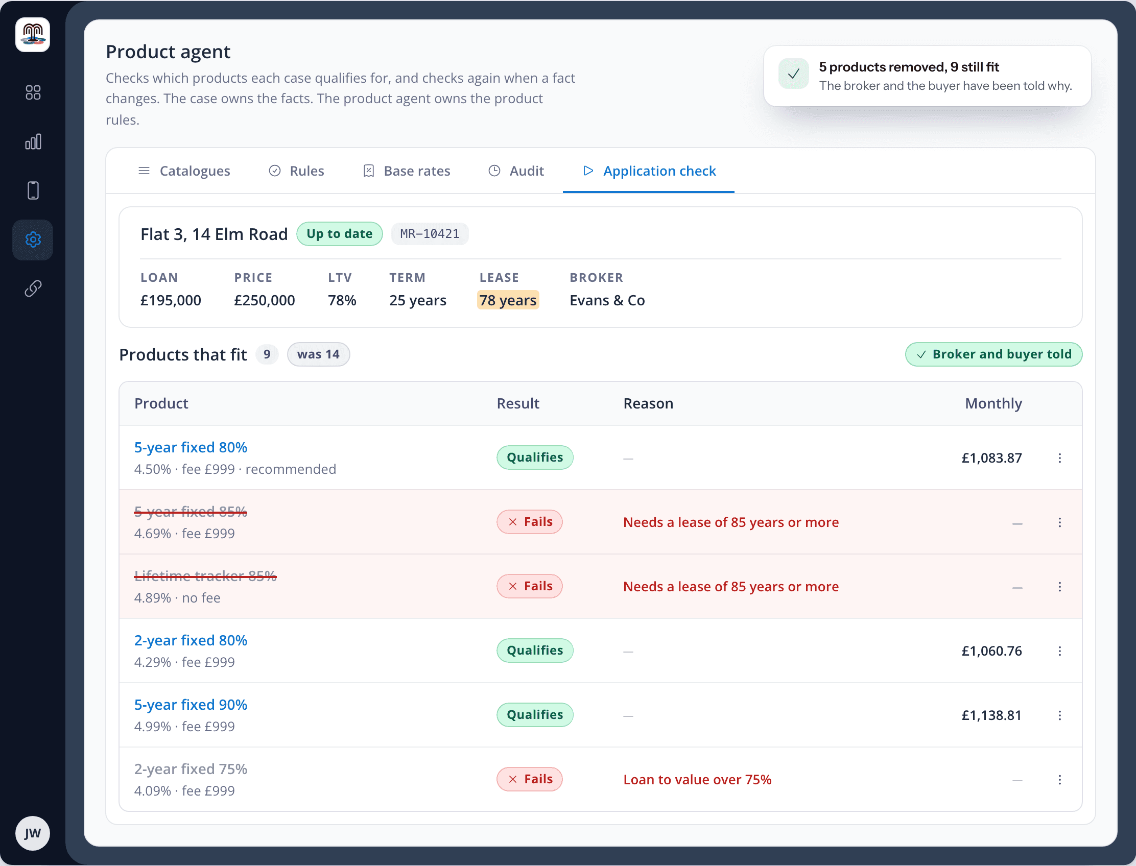 Mortgage Rail product agent: products that fit a case, with reasons for each result