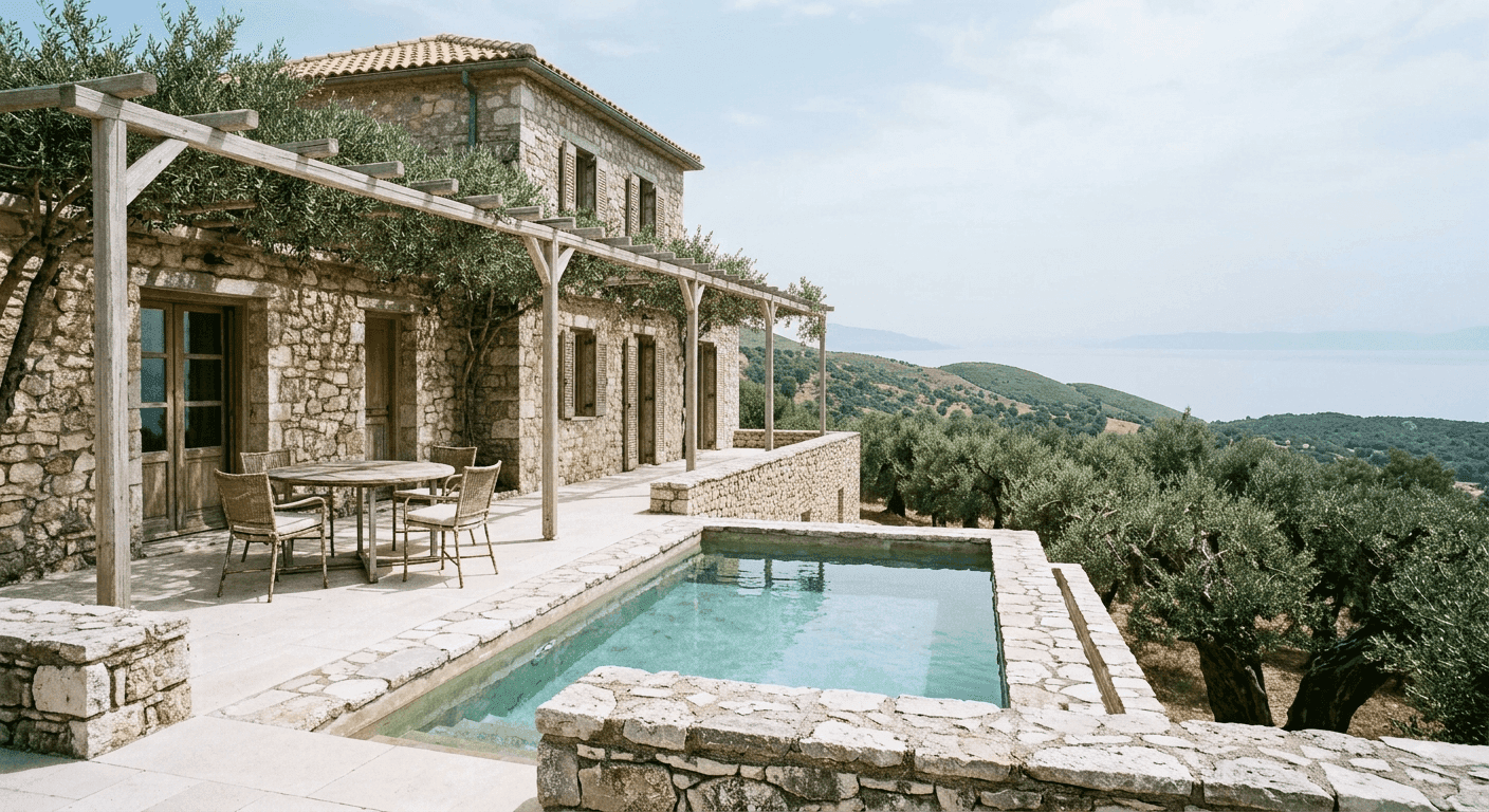 Stone villa with a terrace and pool overlooking olive groves and the sea