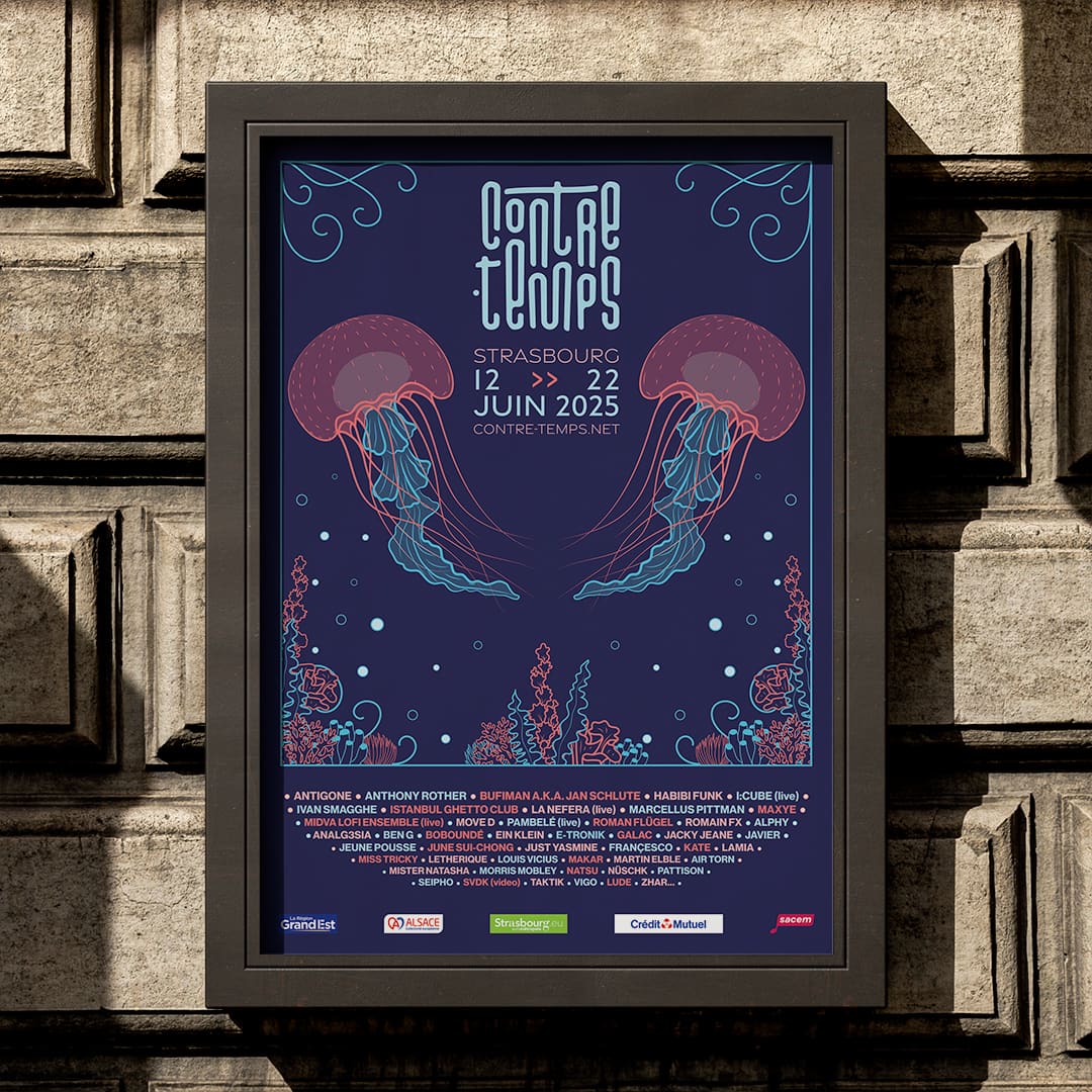 Affiche pour le Festival Contre-Temps. Illustration représenant des méduses flottant dans les fonds marins.