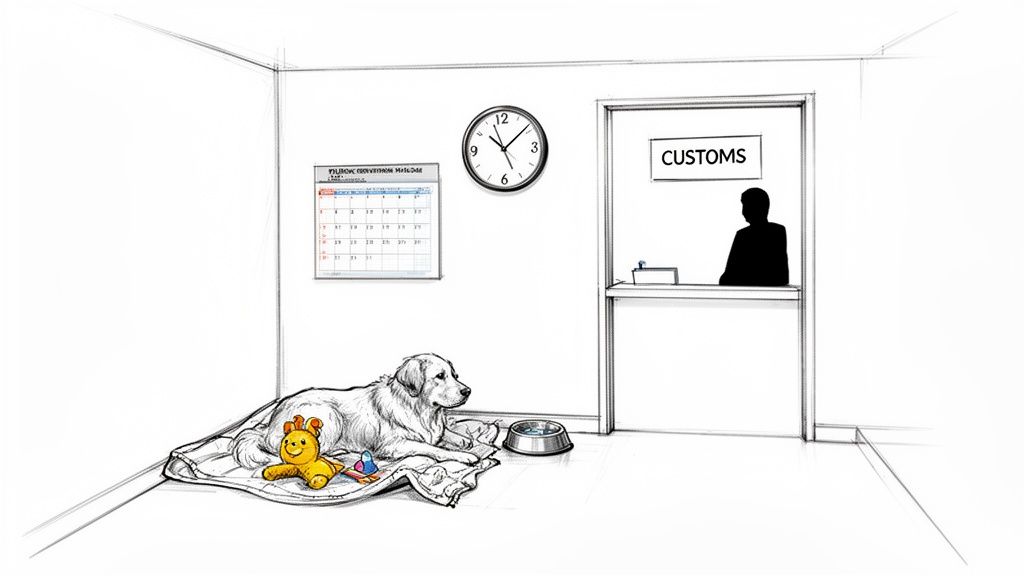 A golden retriever dog waits patiently in a customs office with its toys and water bowl.