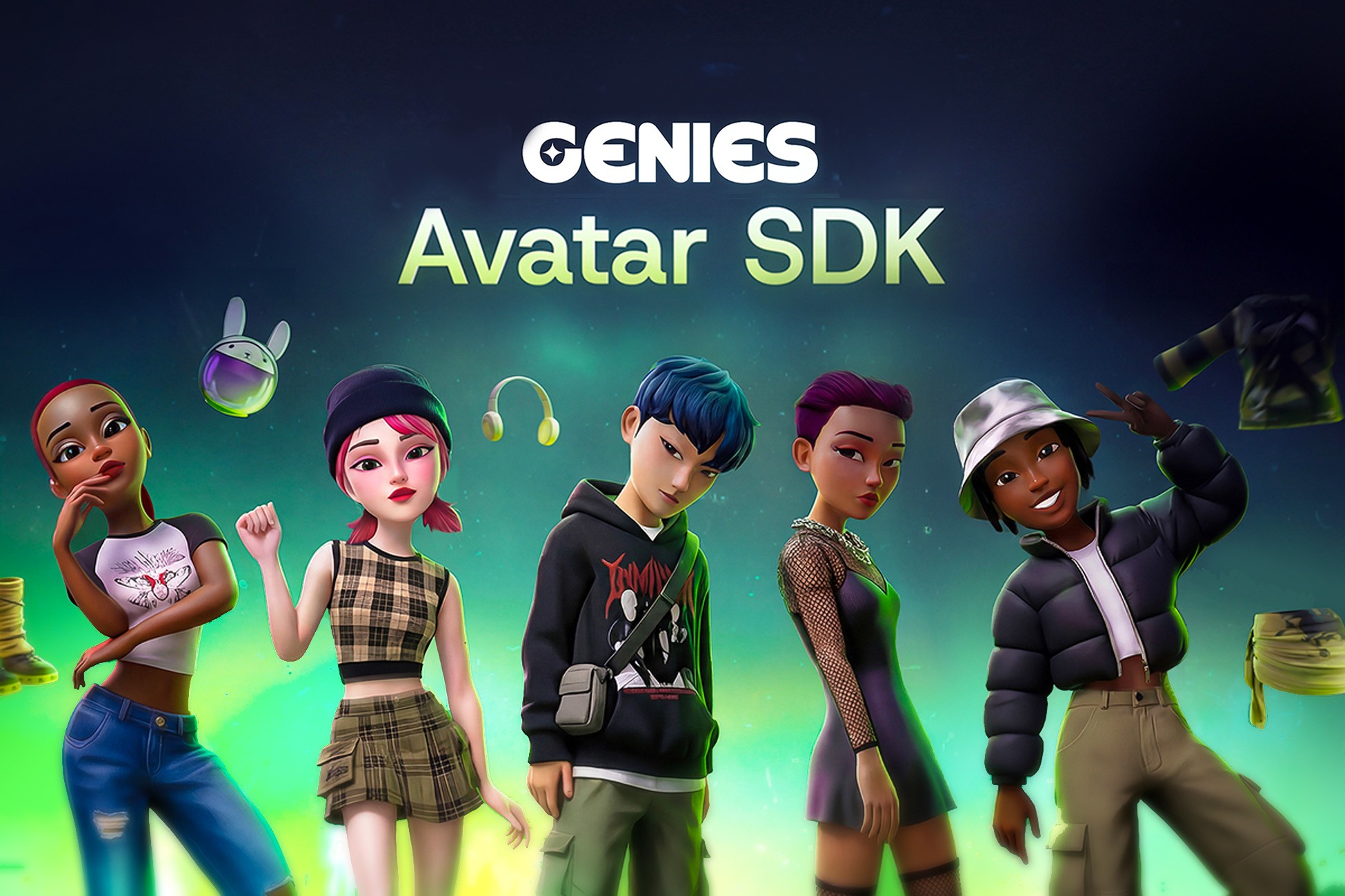 Genies Unity Avatar SDK, Line up of avatars with clothes floating in the background