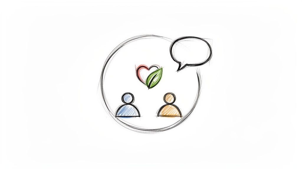 Two stylized figures, a heart with a leaf, and a speech bubble symbolizing sustainable communication.