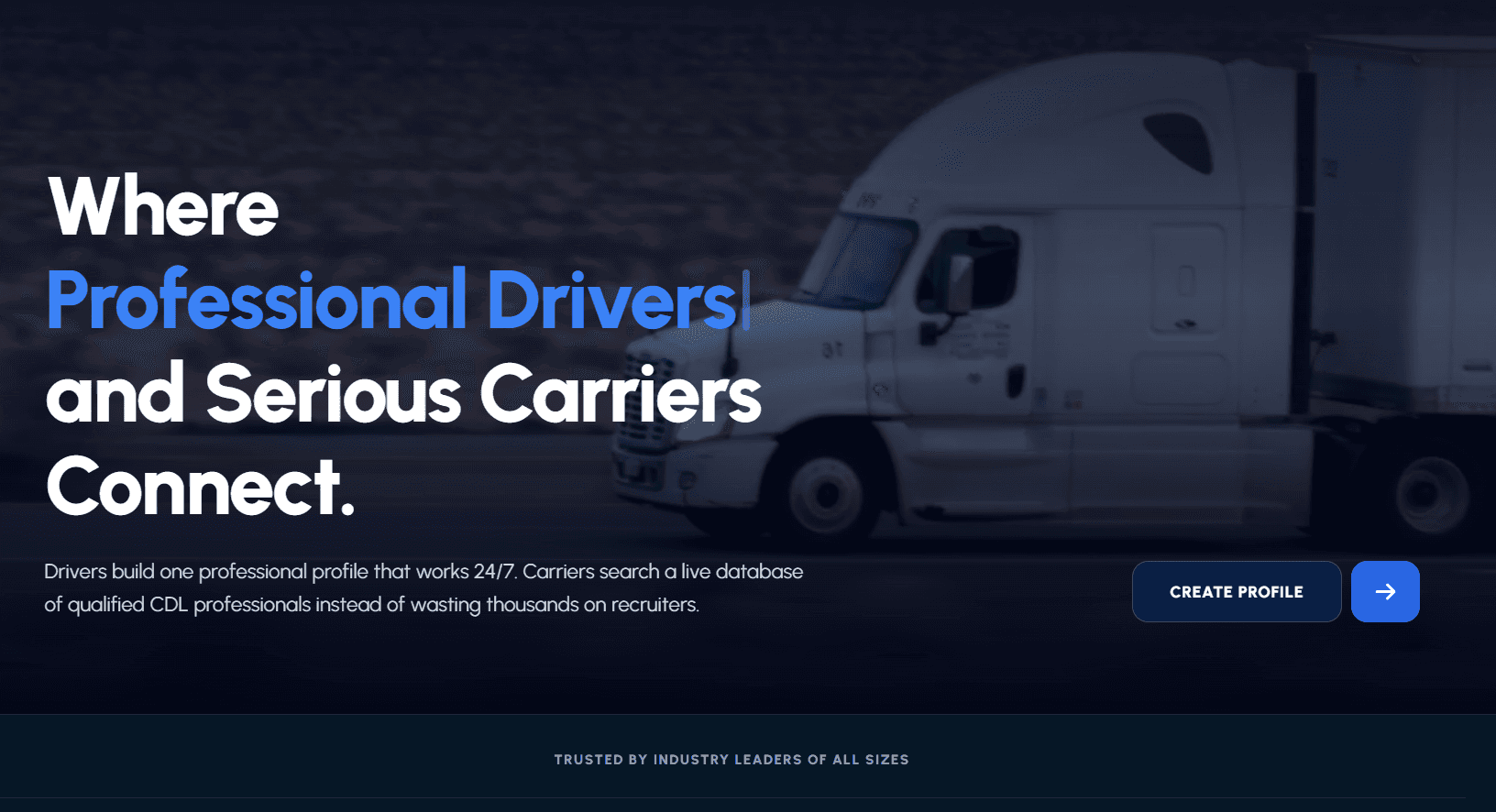 Driver Market webpage featuring a semi-truck and messaging about connecting professional drivers with serious carriers.