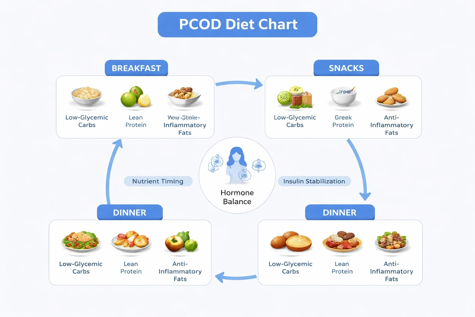 Modern flowchart on a light gray background illustrating a PCOD diet chart with sections for breakfast, lunch, dinner, and snacks, using blue accent color for headings and connectors, showing low-glycemic carbs, lean proteins, and anti-inflammatory fats to stabilize insulin and balance hormones.