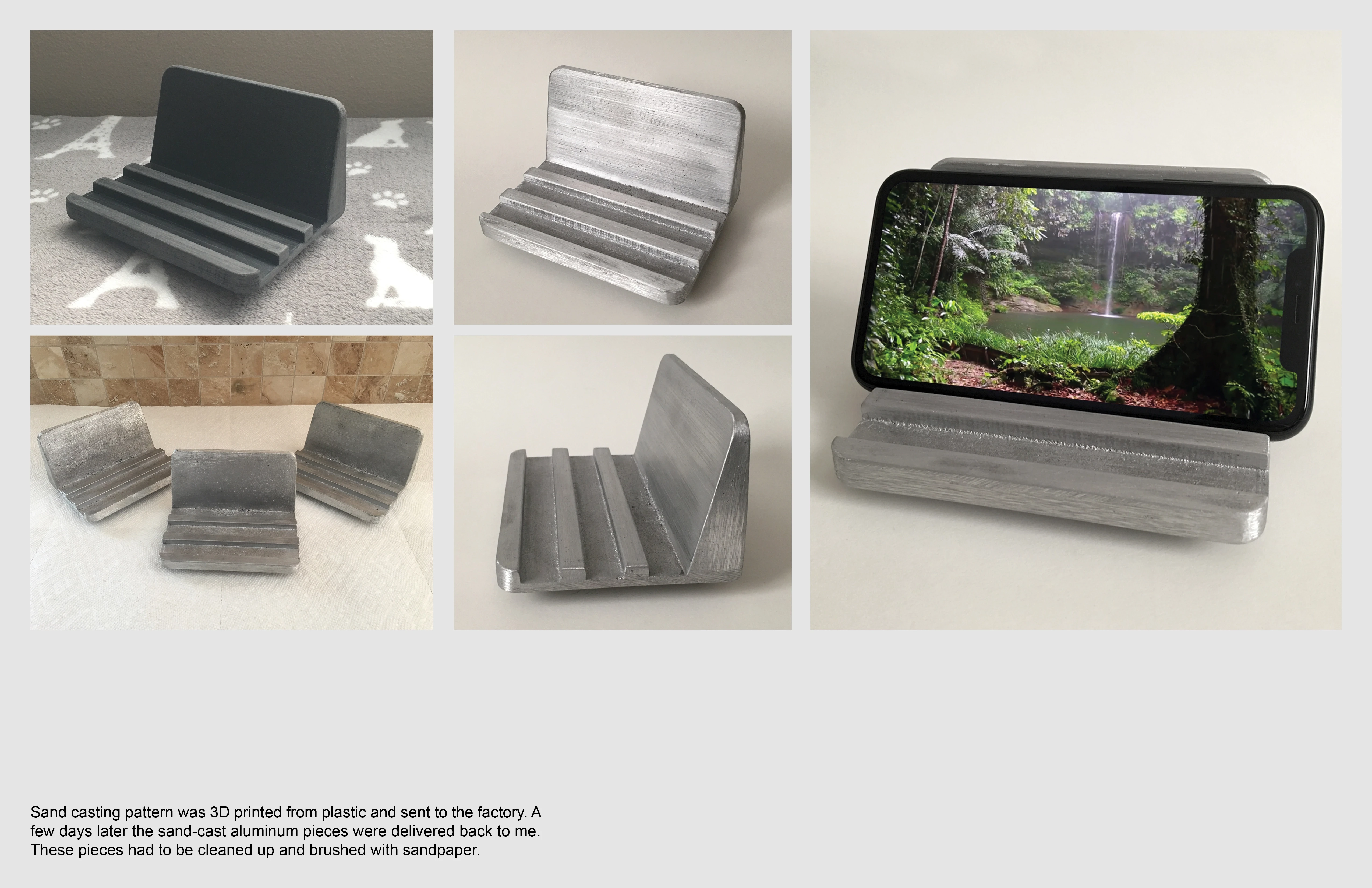 Final products, phone stands being used to hold smartphones.