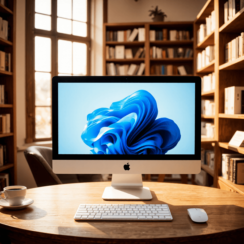 product photography of a desktop computer with monitor, keyboard, and mouse