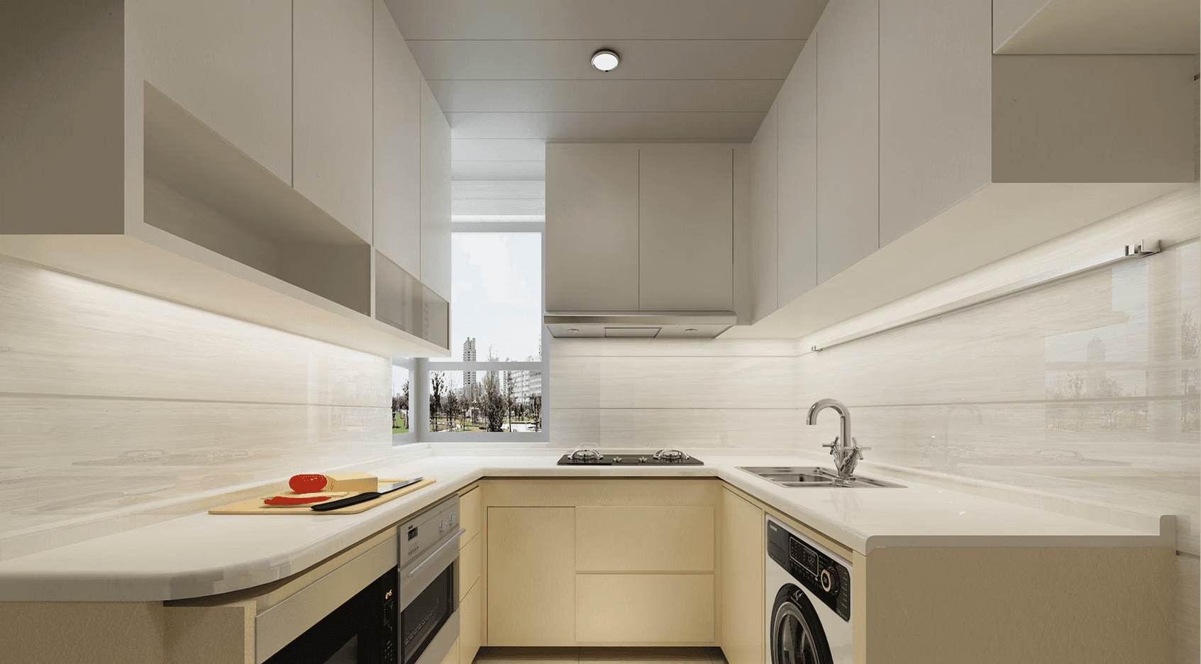 Streamlined kitchen interior design in Castello utilizes overhead LED strips to highlight the grain of stone-textured backsplashes and seamless cabinetry.