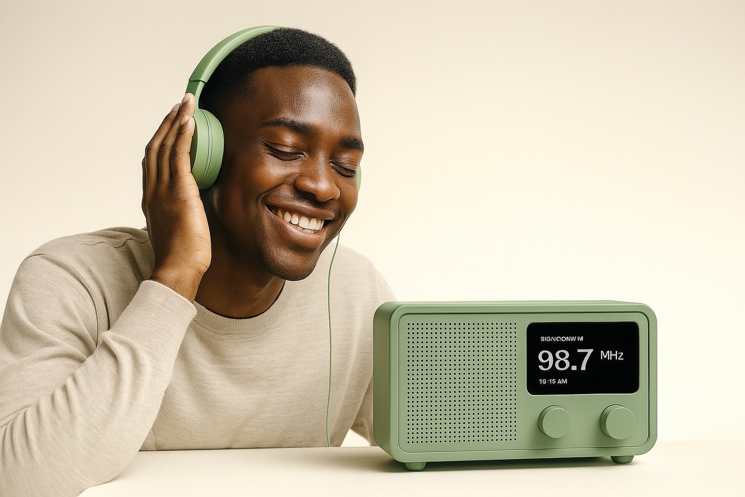 Man listening Moon Radio Green