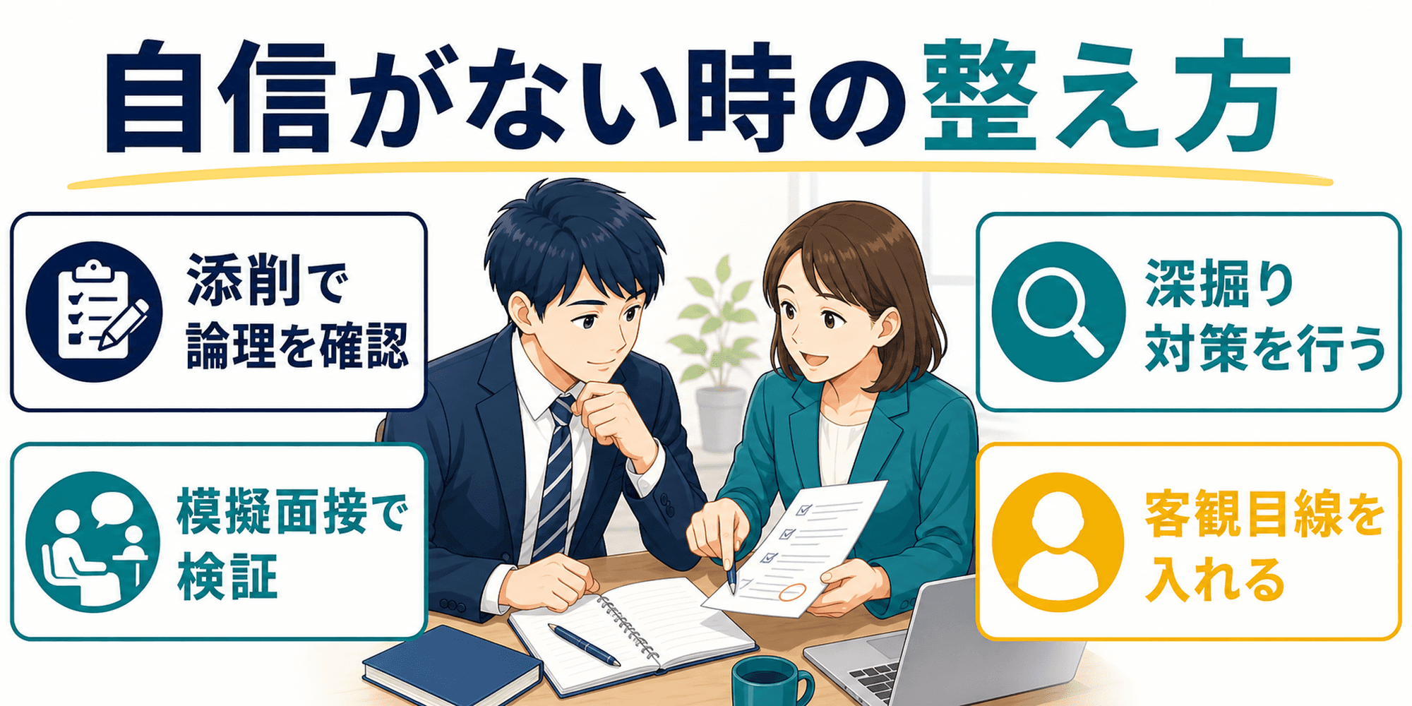 志望動機に自信がない時は添削や模擬面接で整えることを示す画像