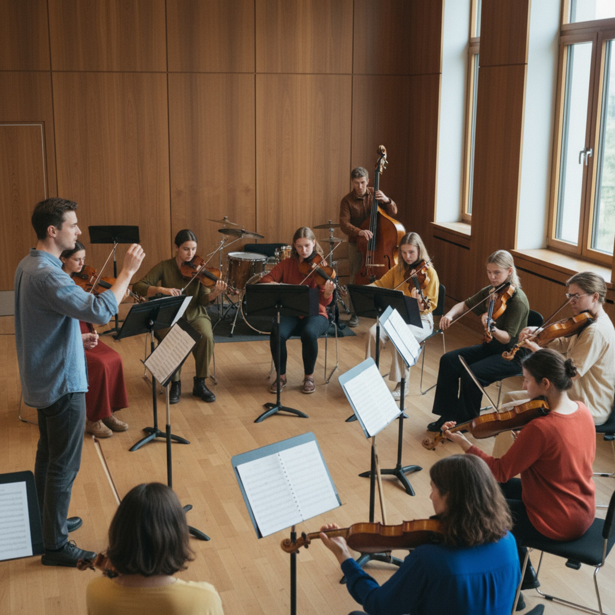 Ein Ensemble junger Musiker probt konzentriert in einem Studio mit Holzakustik. Ein Dozent hebt die Hand für einen gemeinsamen Einsatz. Notenständer bilden eine halbkreisförmige Bühne, Schlagzeug und Kontrabass warten auf ihren Part. Durch große Fenster fällt klares Tageslicht und modelliert die Szene.