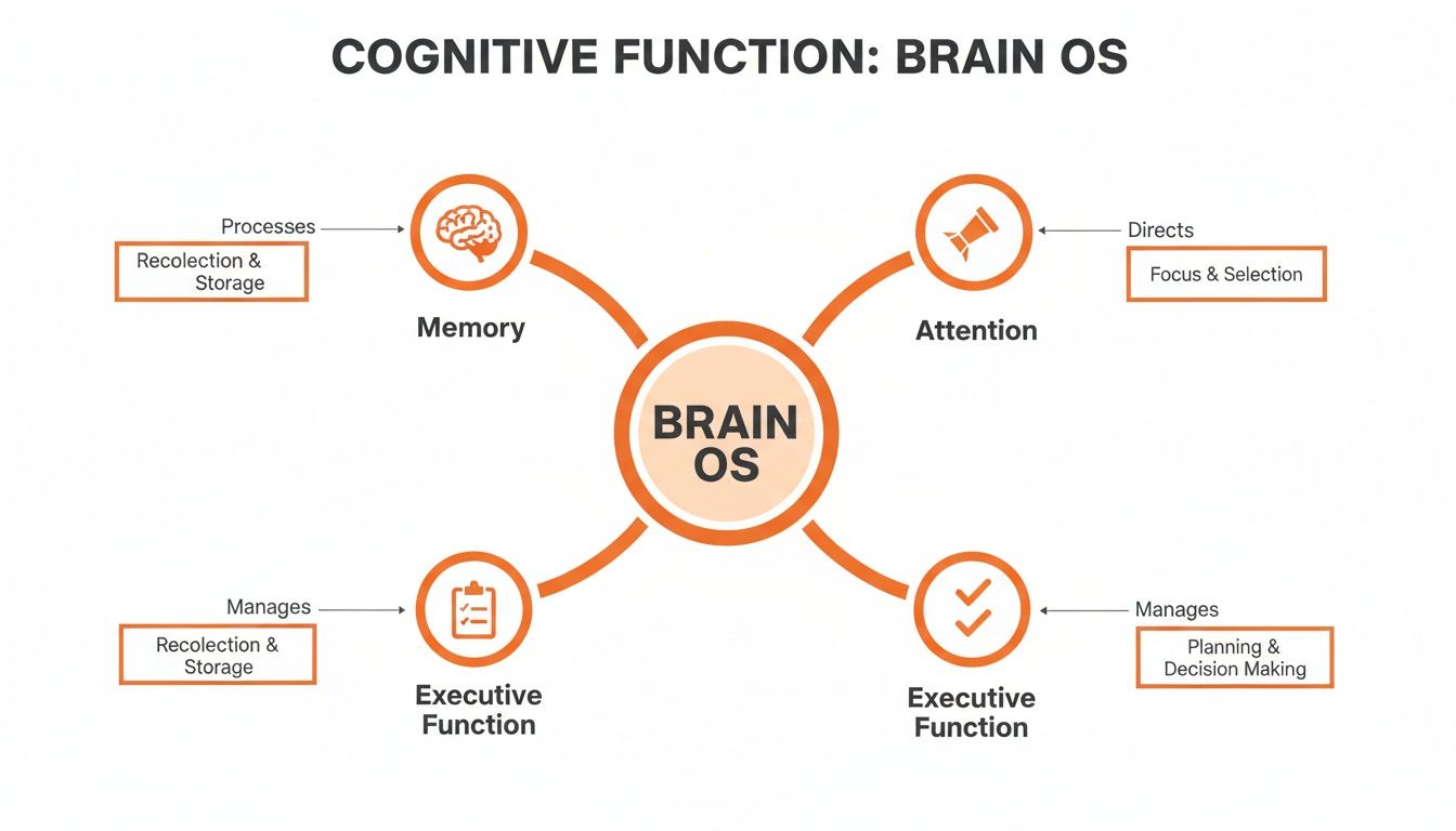 Diagram illustrating cognitive functions, depicting Brain OS as central to Memory, Attention, and Executive Functions managing various processes.
